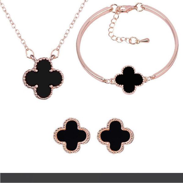 

розовое золото 18 карат покрыло четыре листа ожерелье серьги браслет для женщин свадебный комплект ювелирных изделий свадебные украшения рос, Black