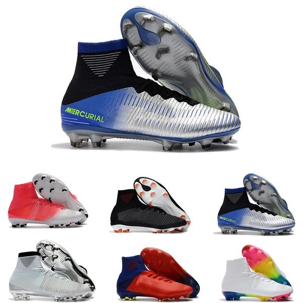 

white red rainbow 100% original soccer shoes mercurial superfly v fg soccer cleats high ankle football boots ronaldo sports sneakers