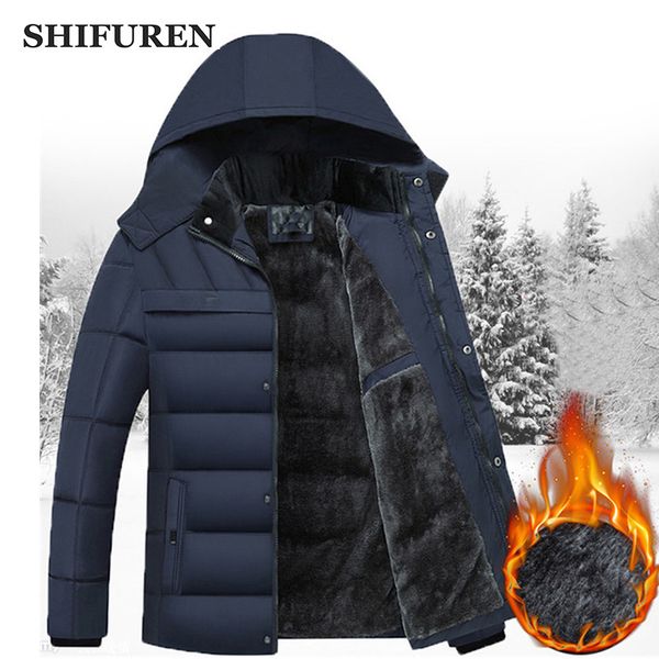 

shifuren men winter jacket thick warm parka fleece velvet hooded cotton-padded coats clothing long sleeve father's gift parka, Black