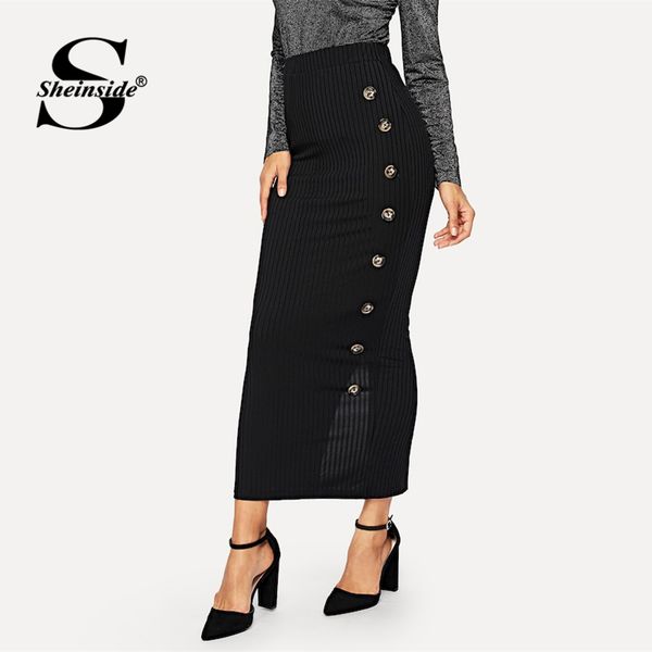 

sheinside дамы эластичный пояс ребристые вязать юбка-карандаш черный высокой талией bodycon юбки женщины весна спецодежда элегантный длинная, Black