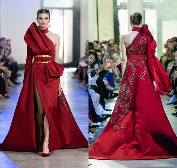 

2020 red elie saab evening dresses halter a line satin high split sweep train sequins prom dress for celebrity embroidery formal party gowns, Black;red