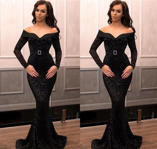 

mermaid long sleeve evening dresses 2019 black sequined celebrity holiday women wear formal party prom gowns custom made plus size, Black;red