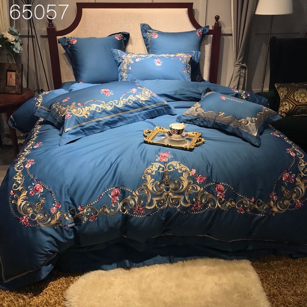 Classic Embroidery Blue Luxury Bedding Set Queen King Size Bed Set