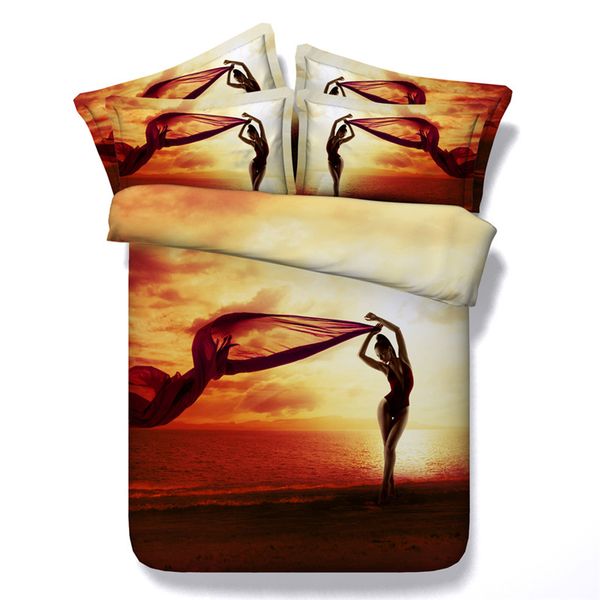

dancing girl sunset 3d reactive golden bedding sets 4/3pc duvet\quilt cover sets twin  king sizes bedspread 500tc coverlet