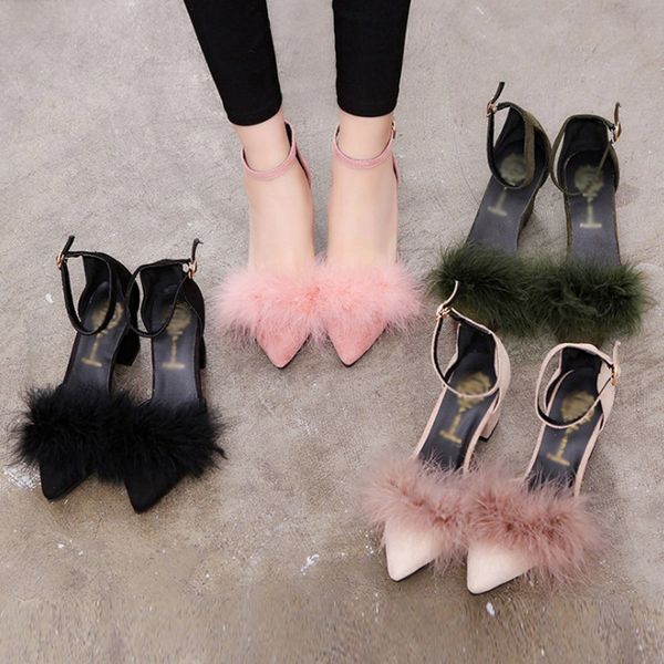 

fashion women pumps fashion plush fur ball high heels female ankle strap pointed toe suede pumps women shoes zapatos mujer, Black