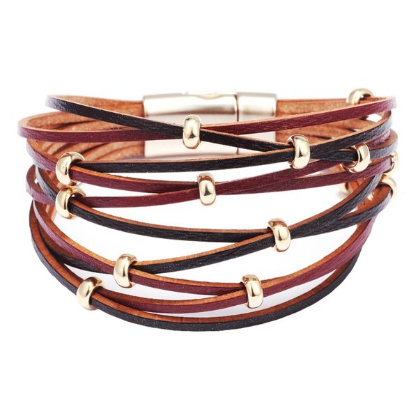 

women metal beads charm faux leather multilayer bracelet magnetic cuff bangle trendy, Black
