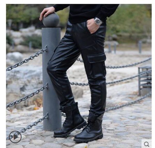 

men plus velvet thick leather pants 2019 new european and american tide men's suede motorcycle loose leather pants, Black