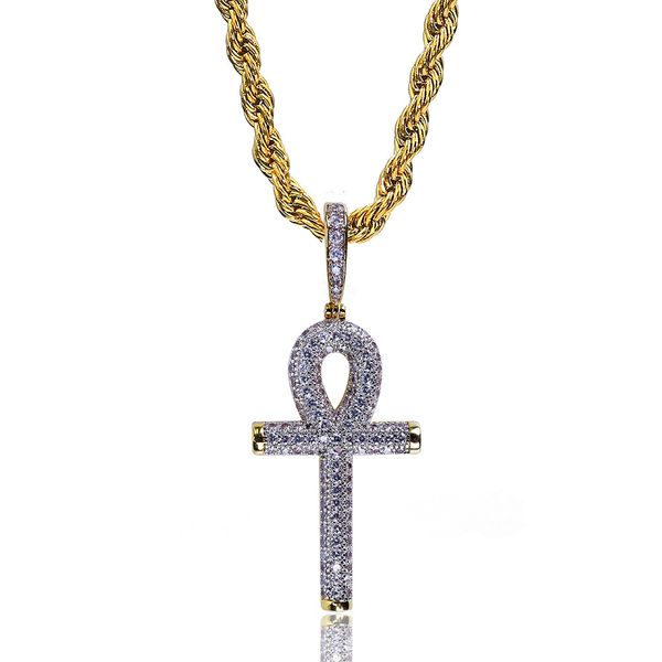 Großhandels-Europäischer und amerikanischer ägyptischer Schlüsselanhänger Gold- und Silber-Doppelfarben-Hip-Hop-Zirkon-Halskette
