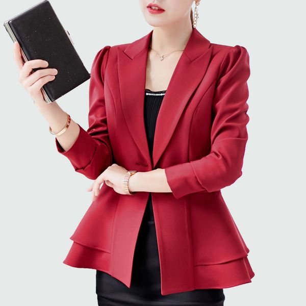 

elegant ruffles blazers coat wine red women blazer 2018 autumn new office ladies plus size business ruffles slim jacket, White;black
