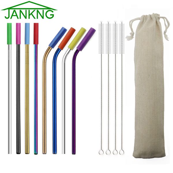 

8pcs reusable multicolor straw stainless steel metal drinkware straws with silicone tip 4 brushes bent straight straw for 20oz