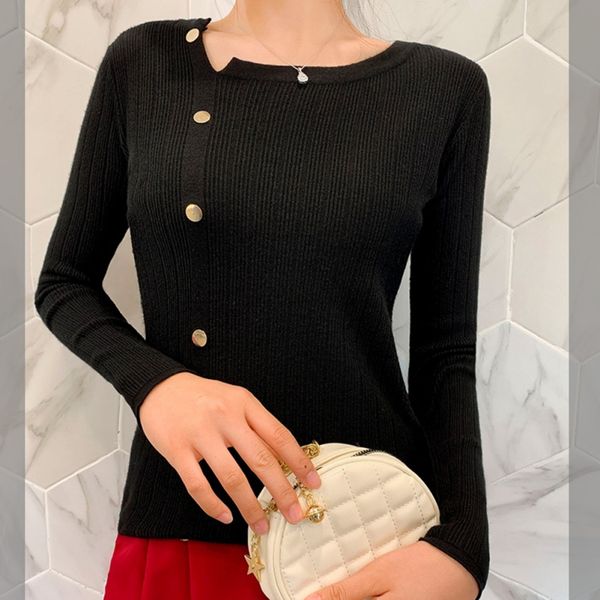 

sweater women autumn winter slim long sleeves with buttons solid color bottoming fashion sweater, White;black