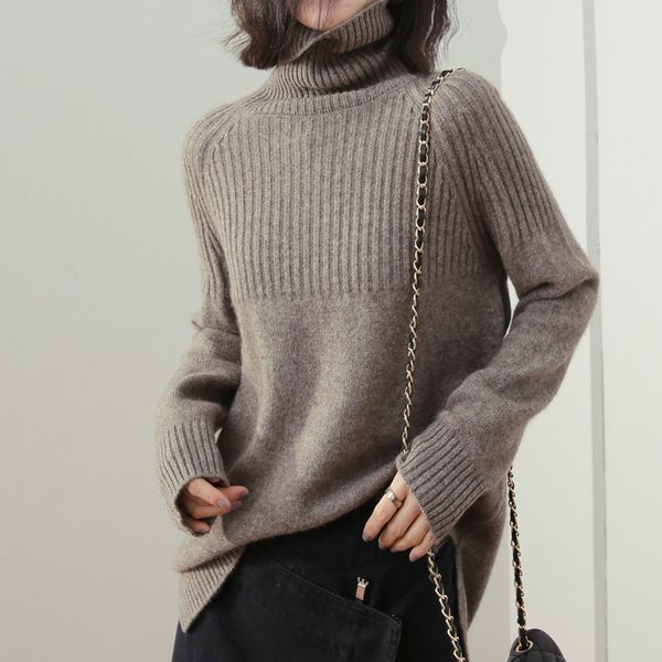 

cashmere sweater women's turtleneck retro loose pullover cashmere plus size was thin thick autumn and winter lazy sweater, White;black