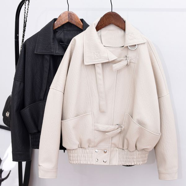 

new korean solid women pu leather jacket autumn winter short design loose fake leather coat streetwear thick outerwear ds50805, Black