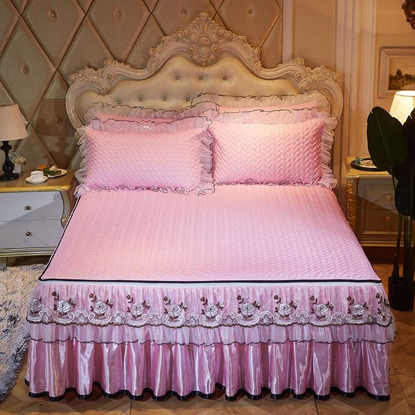 

3pcs luxury lace bed skirt princess bed cover sheets pillowcases laminated bedding removable apron