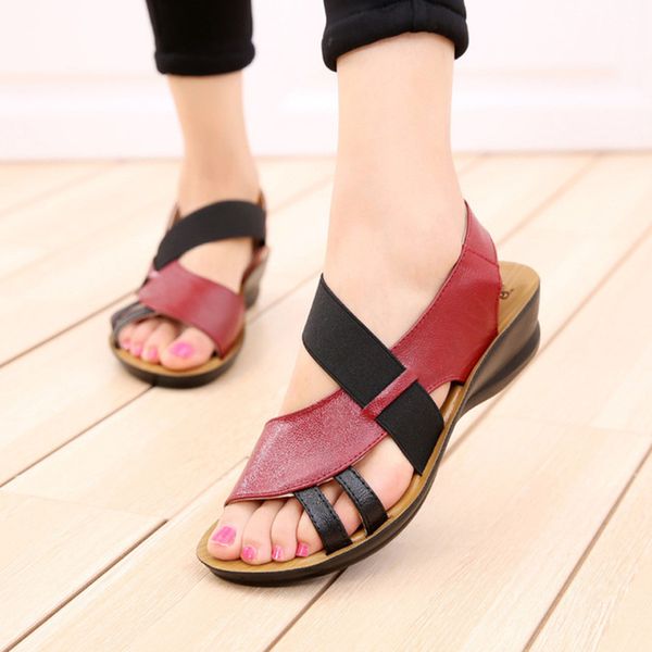 

women genuine leather sandals fashion soft bottom wedge middle-aged mother summer sandals shoes comfortable shoes a149, Black