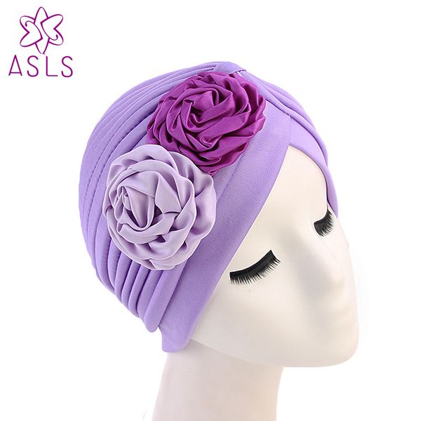 

2018 new fashion vintage double flower turban style hat ladies chemo cap muslim turban headbands women hair accessories