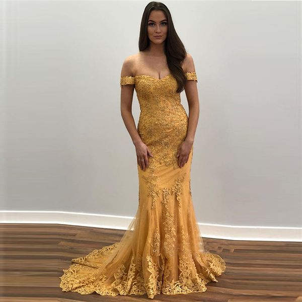 

Elegant Mermaid Prom Dresses Off the Shoulder Button Back Gold Lace Appliques Long Evening Dresses Formal Party Gowns Cheap