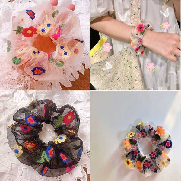 

summer fashion embroidery flower hair bands chiffon scrunchie ponytail hair ring women girls new rubber elastic accessoriy, Brown