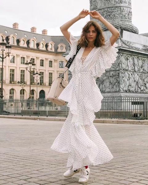 

spring summer new chiffon embroidered dress polka dot dress for australian woman high waist butterfly sleeve asymmetrical dress, Black