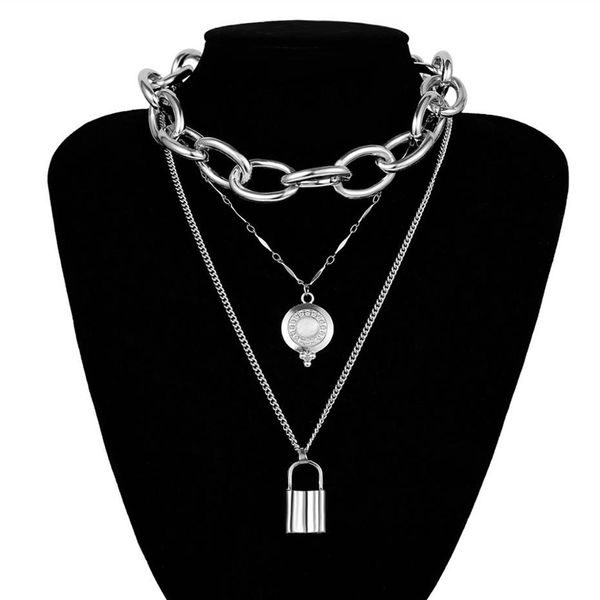 

diezi 2019 new gothic rock chain choker necklace lock statement necklace for women goth vintage collier femme fashion jewelry, Silver