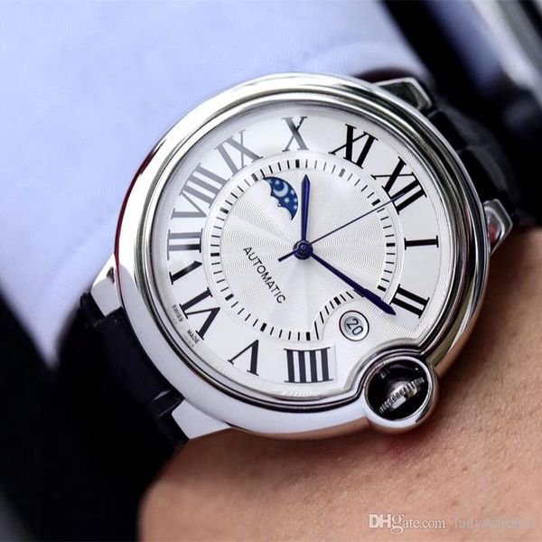 

8217 automatic mechanical movement 316 stainless steel case real moon phase 24 hours running leisure leather strap luxury mens watch x688, Slivery;brown