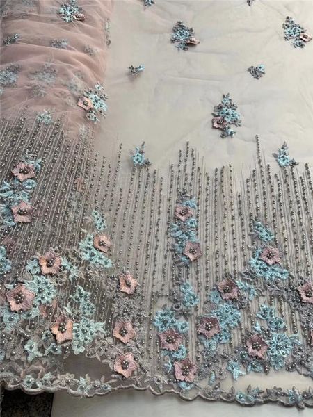 

african french net lace fabrics 3d flowers design tulle lace fabric embroidery beads and stones mesh for party mdn12, Pink;blue