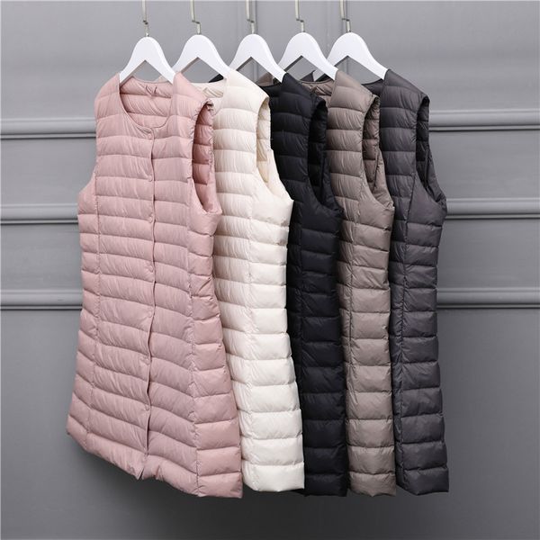 

2020 new ultra light down vest women long vest windproof lightweight warm waistcoat female down coat long slim sleeveless, Black;white