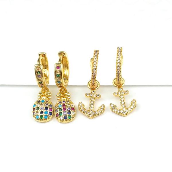 

24k gold anchor stud earrings zircon for women colorful fruit pineapple stud earrings rainbow jewelry bar, Golden;silver