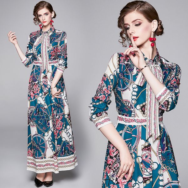 

quality classic floral print elegant dress women runway long sleeve party prom bow ladies button shirt dress casual office designer dresses, Black;gray
