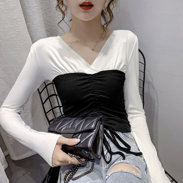

temperament contrast color bottoming shirt 2020 early autumn new retro long-sleeved t-shirt v-neck stitching slim-fit slimming shirt women, White