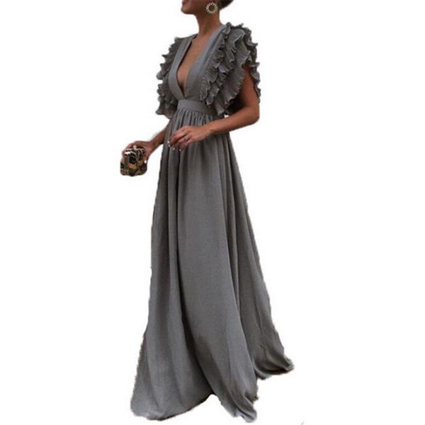 

casual dresses size l-3xl women summer boho dress ruffles sleeve solid short long maxi v-neck plus beach, Black;gray