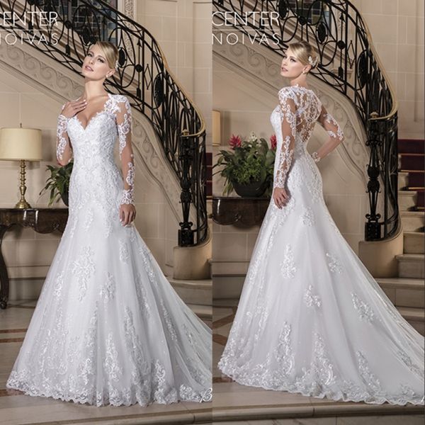 

2022 vintage v-neck long sleeve wedding dresses beaded button back sheer bridal wedding gowns vestido de casamento, White
