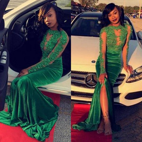 

Vintage Long Sleeves Green Prom Dresses Mermaid Appliqued Sequined Velvet African Black Girls Evening Gowns Red Carpet Dress