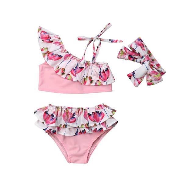 

3pcs kids baby girls flower ruffle swimwear bikini belt pink beachwear tankini swimsuit bathing suit