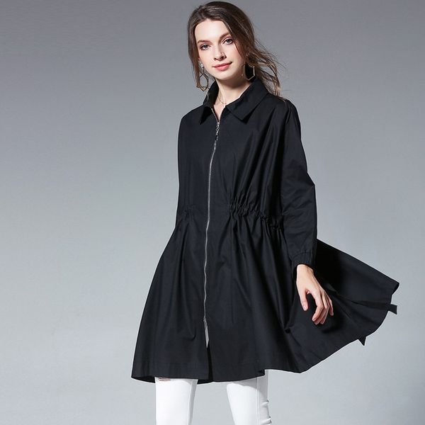 

large size ladies' loose draped drawstring thin zipper wind coat womens turn down collar plus size long sleeve elegant coat, Tan;black