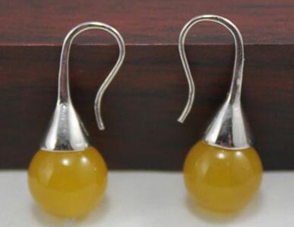

12mm amarillo natural de grano jade pendientes de gancho, Silver