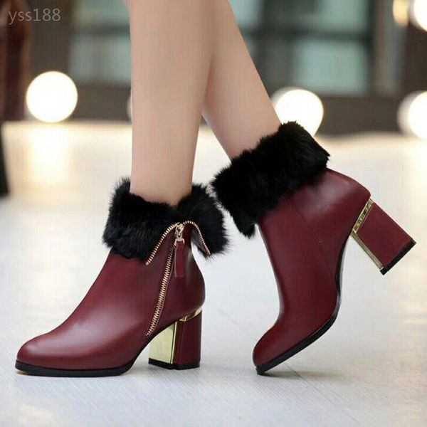 

personality european station short womenplus velvet boots thick heel mid-leather mink fur women shoes factory direct sales size 35-40cm, Black