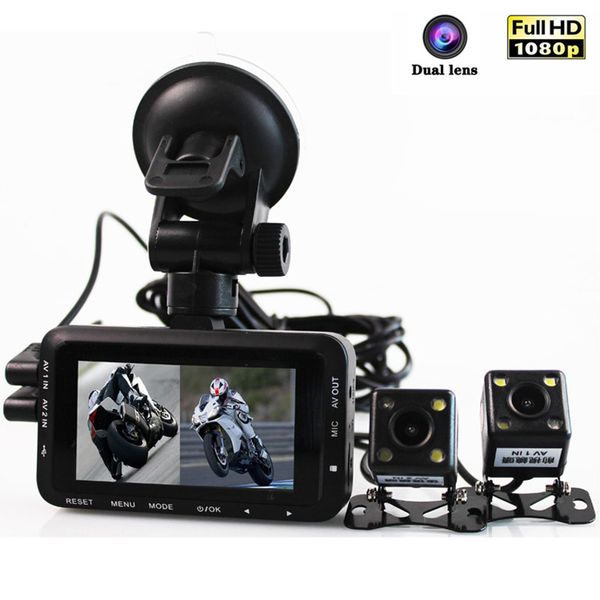 

full hd 1080 p мотоцикл dvr камеры мотоцикл водонепроницаемый двойной камеры автомобиля тире камеры с двумя объективами видеорегистратор мот