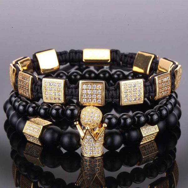 

3pcs/set natural stone beads men bracelet set cz crown ball charms bracelets & bangles jewelry women bracelet, Golden;silver