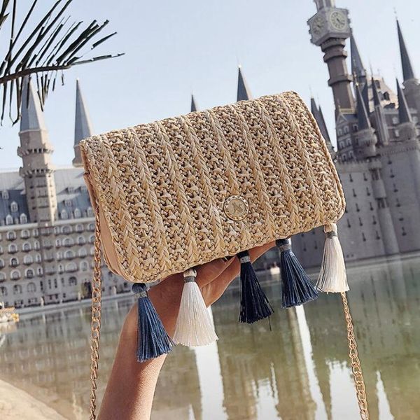 

vintage casual woman straw crossbody bag ladies small shoulder tassel summer beach bag flap pu leather rattan bag for women