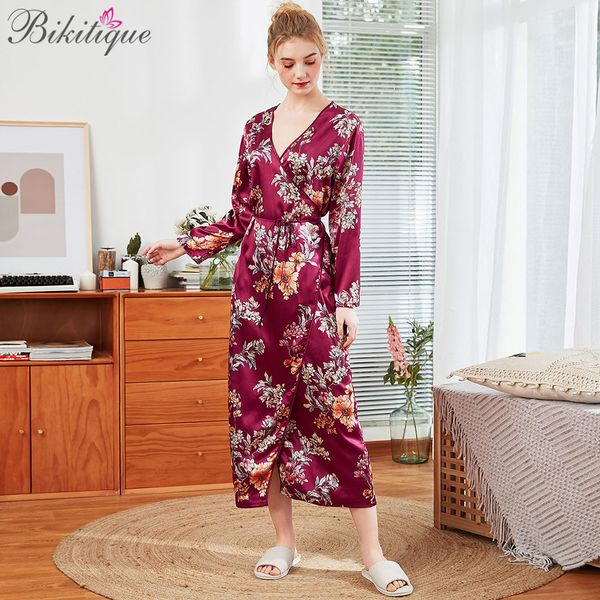 

bikitique kimono night bathrobe women floral printed satin pajama dress casual sleep robe homewear women autumn sleepwear, Black;red