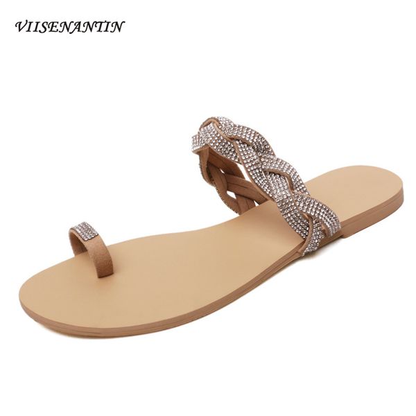 

viisenantin female holiday rhinestone weave slipper shoe toe slippers women wear ins tide flat sandals flip feet slippers, Black
