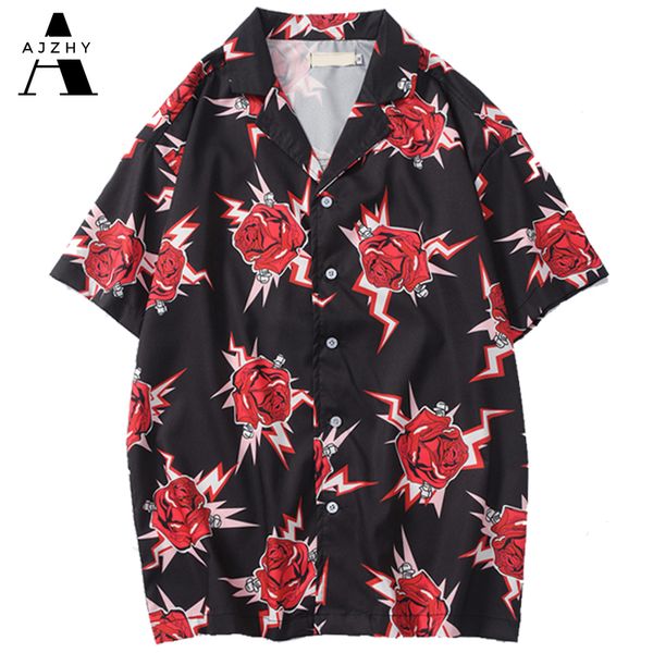

hip hop rose print aloha spring summer men hawaiian shirt streetwear harajuku fashion short sleeve shirts plus size men clothing, White;black