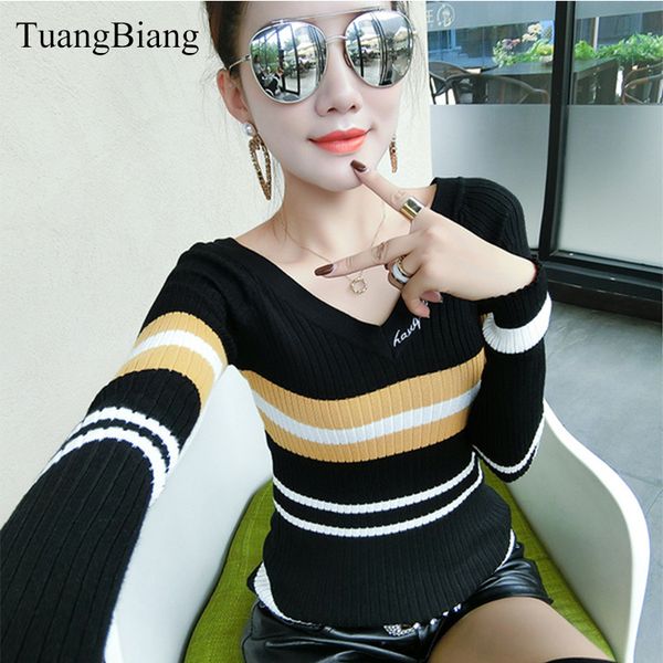 

2018 new letter embroidery deep v-neck sweater womens autumn striped pullover club sweaters female winter long sleeve, White;black