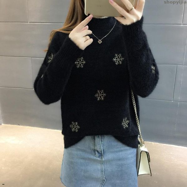 

new casual soft mohair wool sweater women's pullover winter snowflakes autumn thick fashion knitted fall warm, White;black