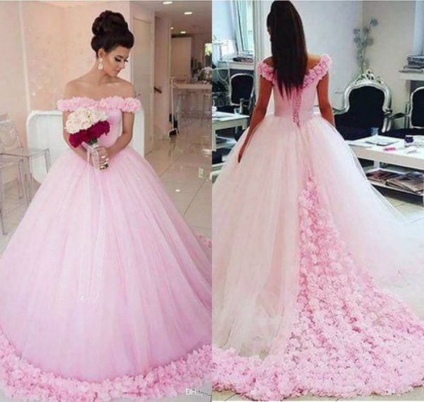 

pink quinceanera dresses off shoulder lace 3d floral flower sweep train lace up back prom dress custom made girls evening gowns, Blue;red