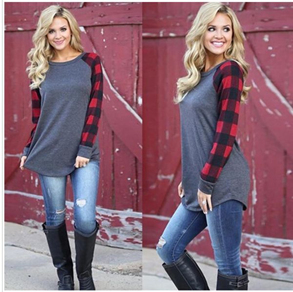 

2019 plaid panel raglan long leeve t hirt for women autumn winter ca ual hirt blue plu ize 5xl whole ale