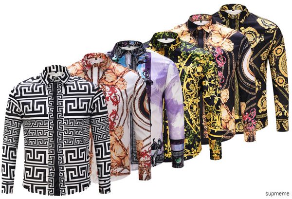 

fashion spring autumn luxury designer medusa men social printed dress shirt slim fit cotton shirts for men black print business, White;black