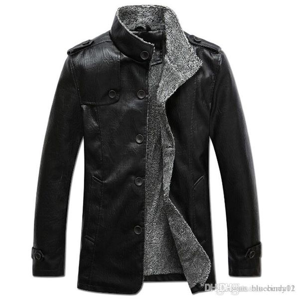 

men's leather & faux winter fur lining thickening and wool windbreak waterproof warm jackets coat, Black