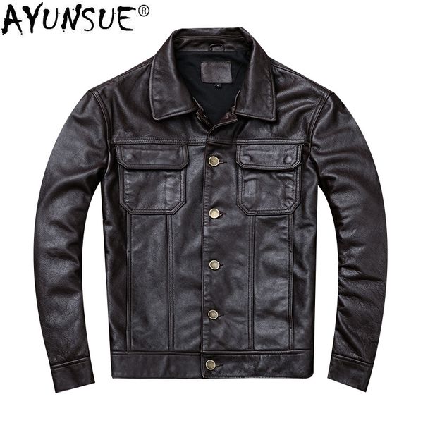 

ayunsue real leather jacket men 100% cow leather coat short vintage men's genuine jackets motorcycle 2019 kj2908, Black